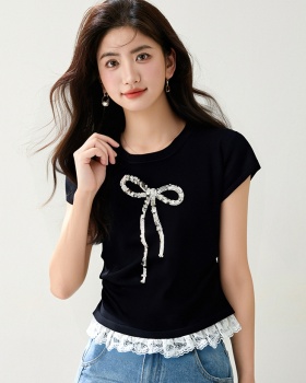 Lace sequins bow sweater slim summer splice tops