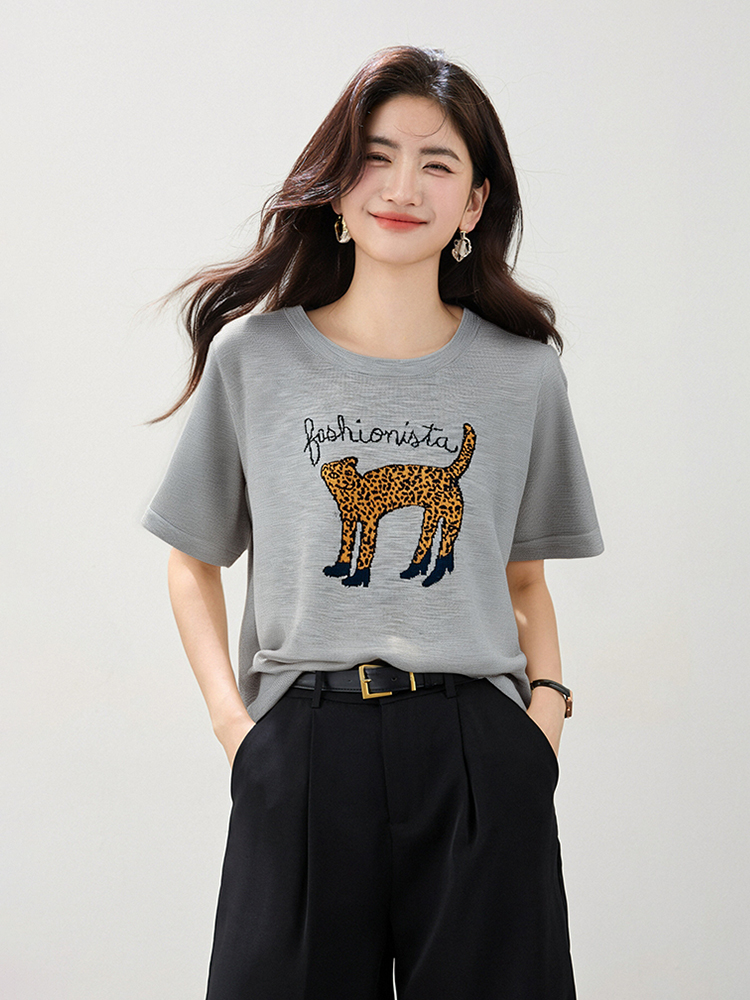 Summer retro tops short sleeve leopard T-shirt for women