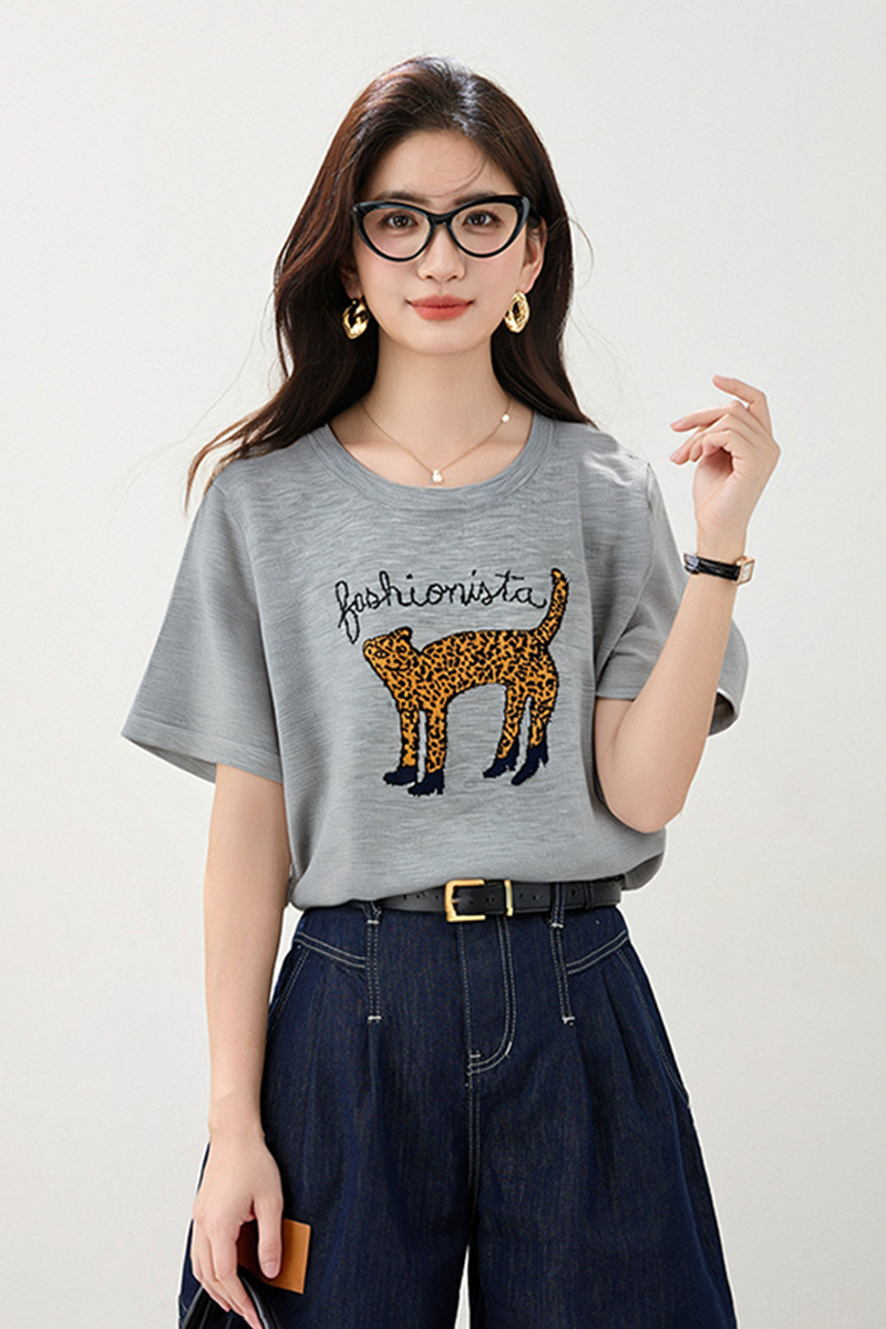 Summer retro tops short sleeve leopard T-shirt for women