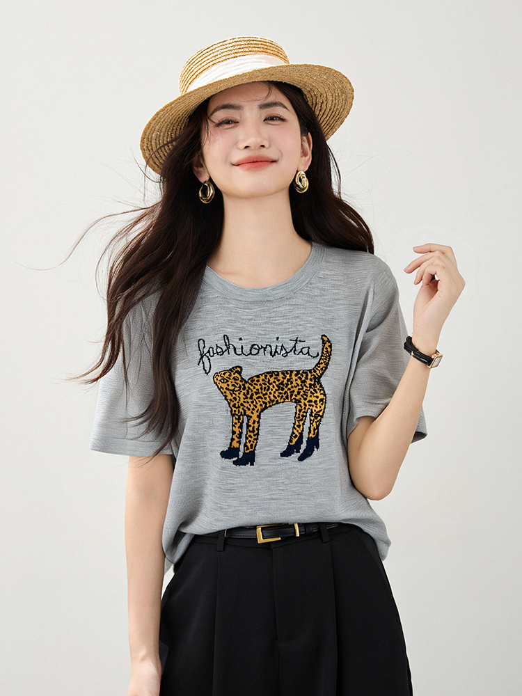 Summer retro tops short sleeve leopard T-shirt for women