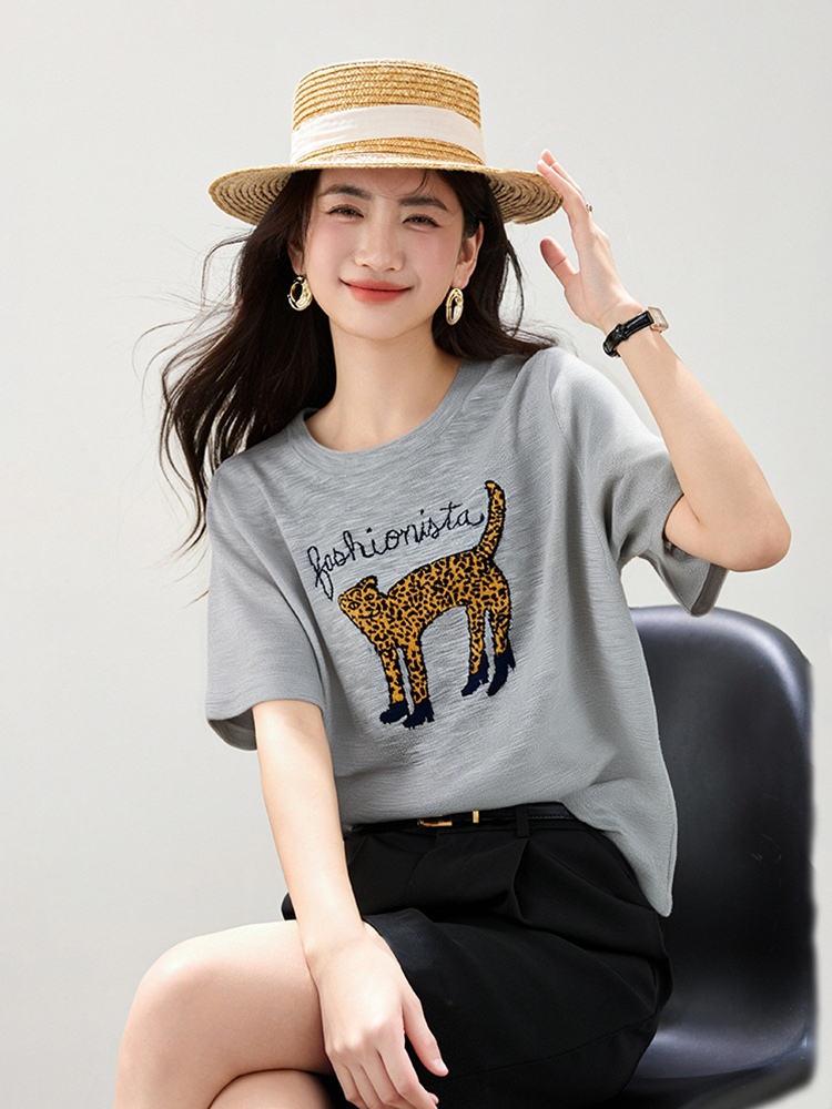 Summer retro tops short sleeve leopard T-shirt for women