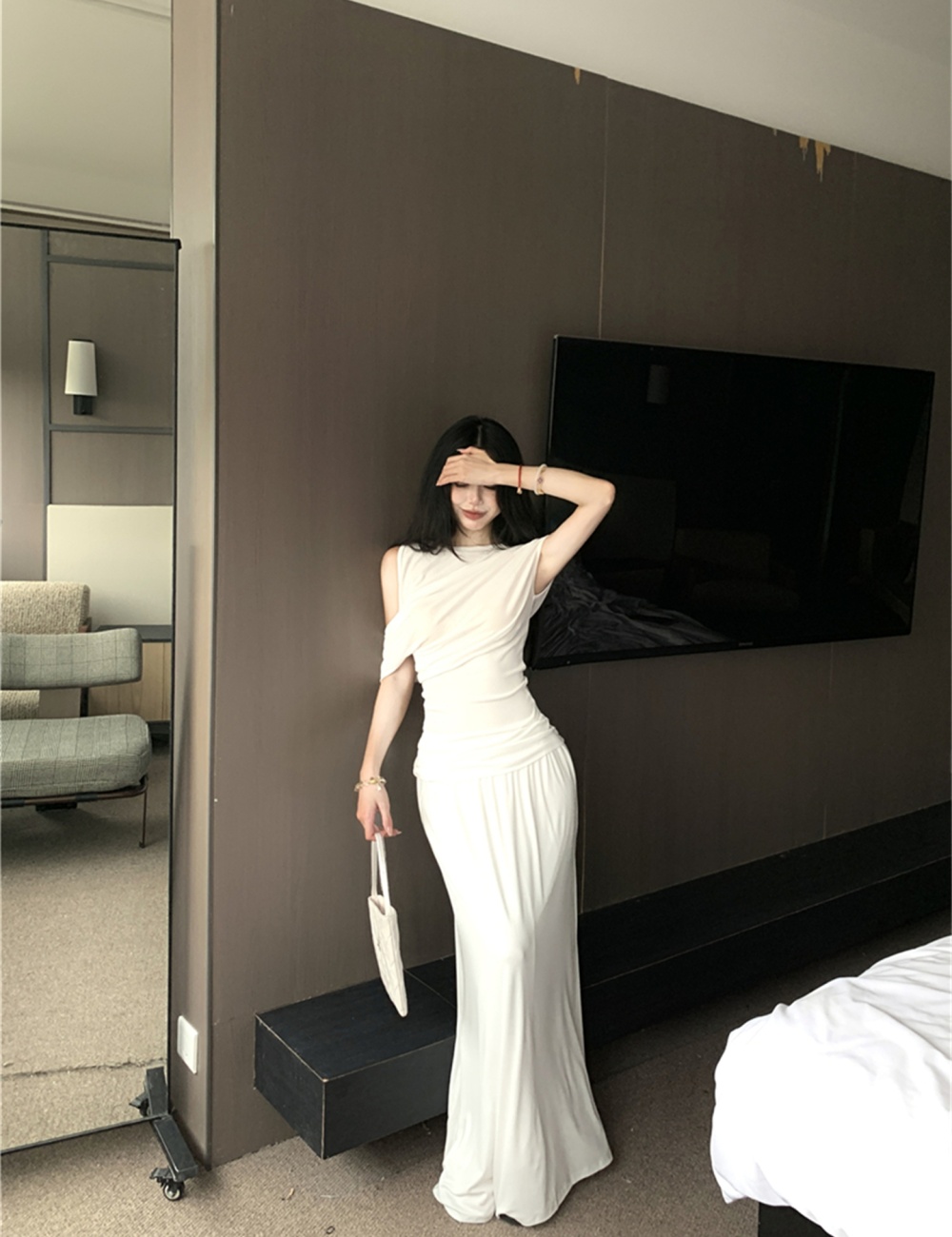 Drape sloping shoulder tops long summer skirt a set for women