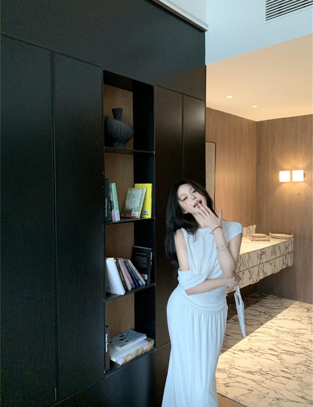 Drape sloping shoulder tops long summer skirt a set for women
