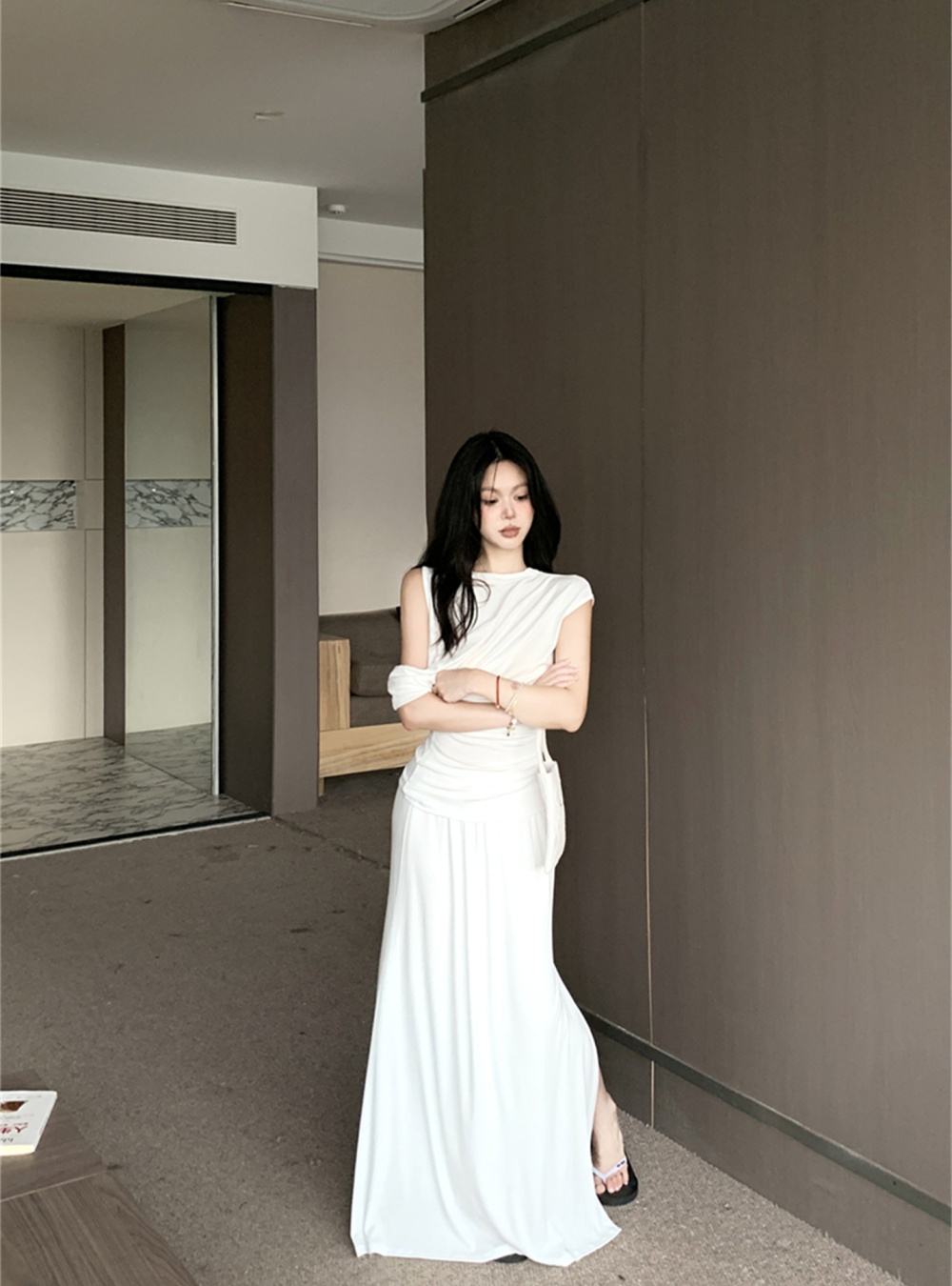 Drape sloping shoulder tops long summer skirt a set for women