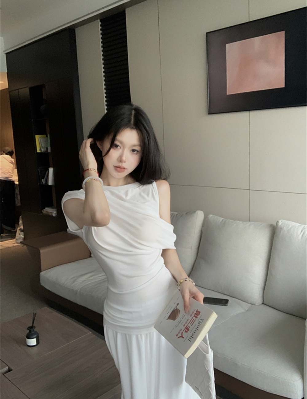 Drape sloping shoulder tops long summer skirt a set for women
