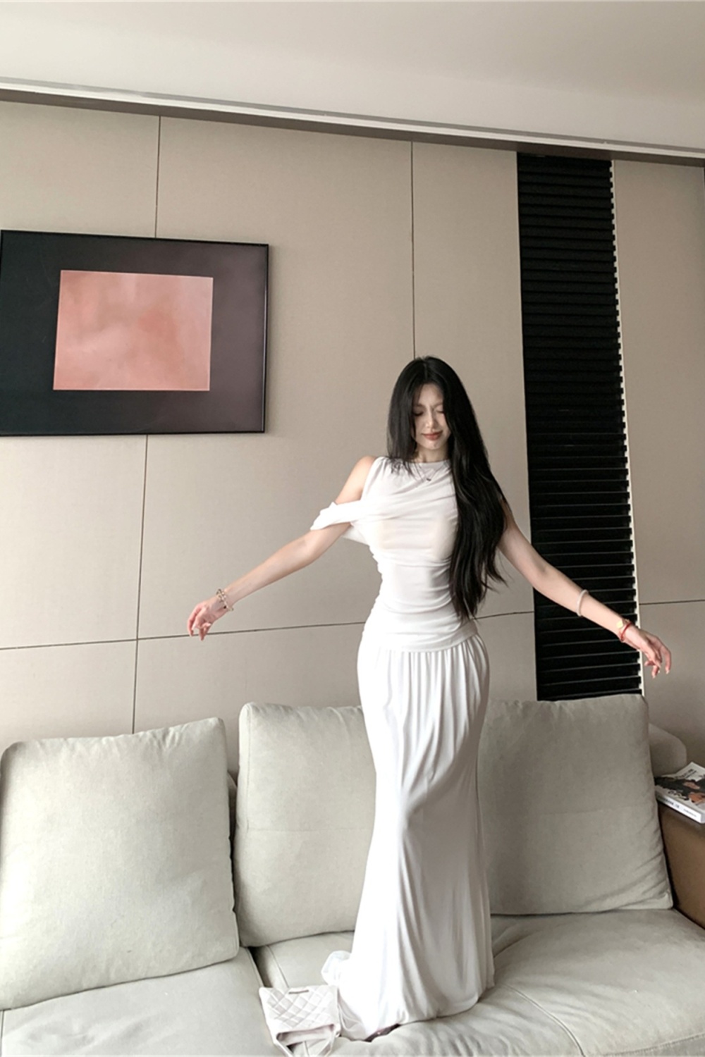 Drape sloping shoulder tops long summer skirt a set for women