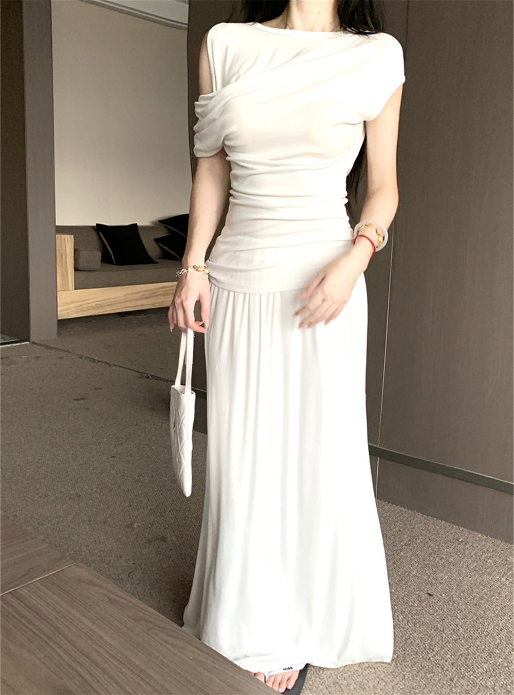 Drape sloping shoulder tops long summer skirt a set for women
