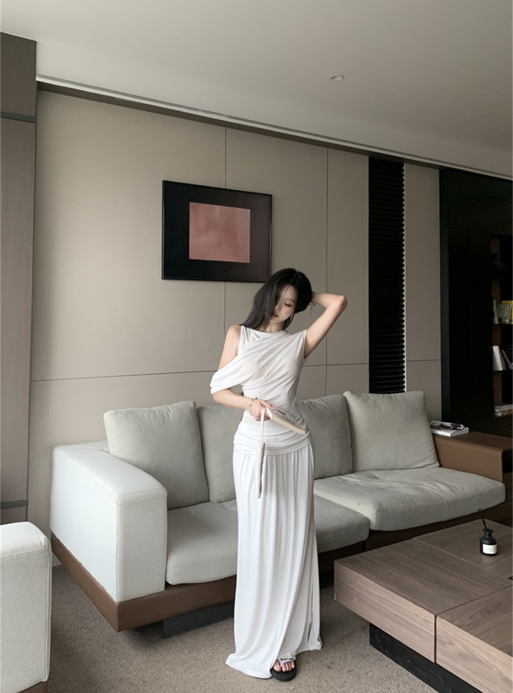 Drape sloping shoulder tops long summer skirt a set for women