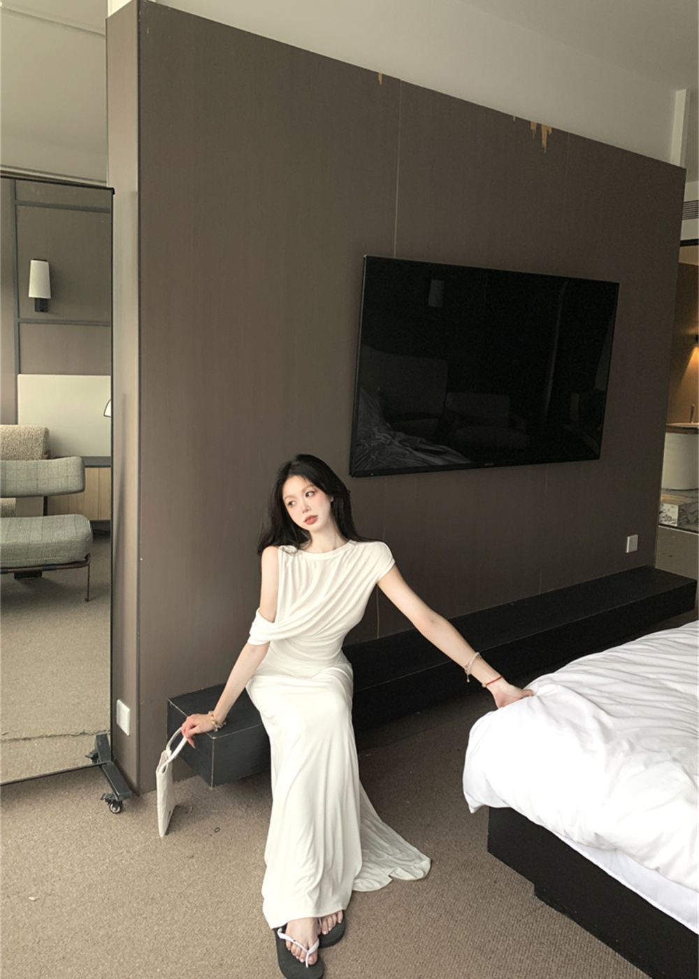 Drape sloping shoulder tops long summer skirt a set for women
