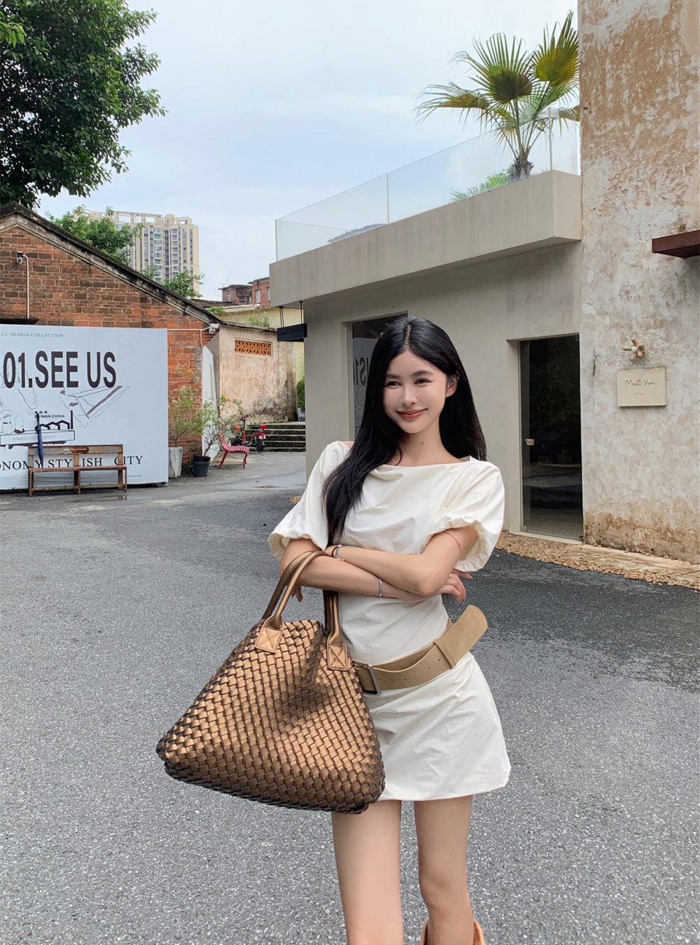Sloping shoulder wear France style summer short dress