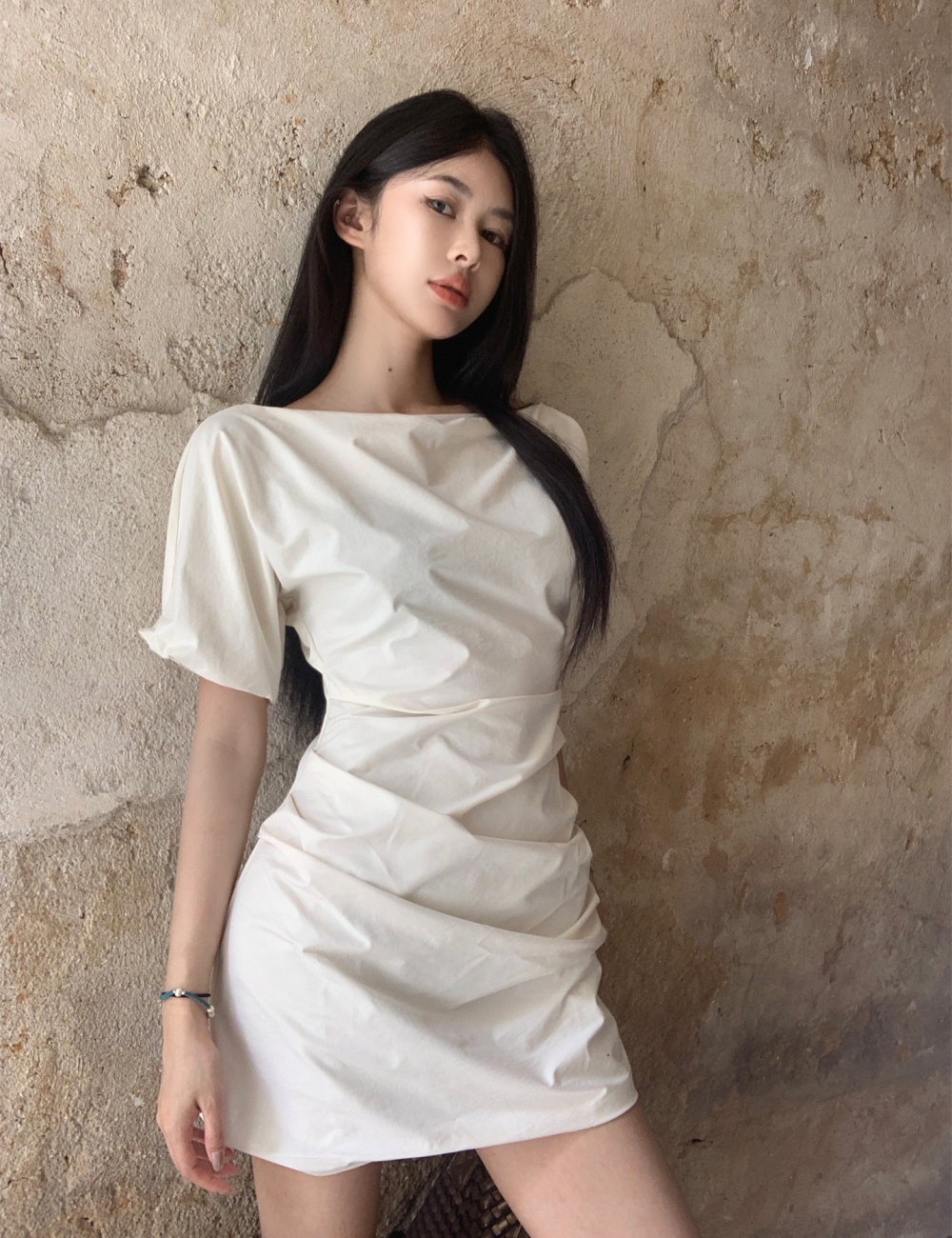 Sloping shoulder wear France style summer short dress