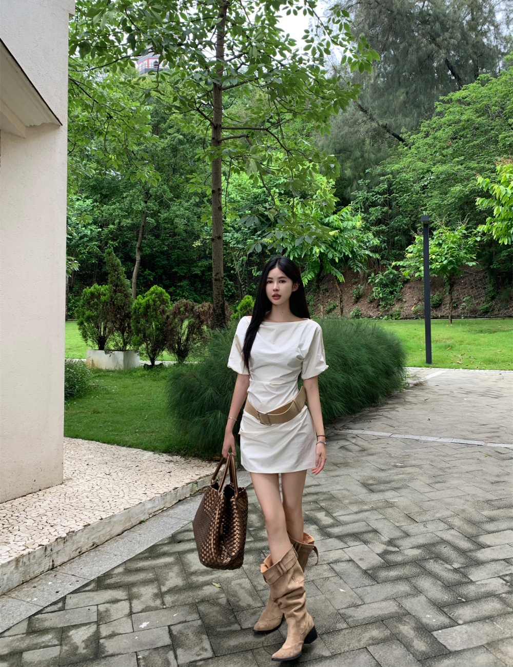 Sloping shoulder wear France style summer short dress