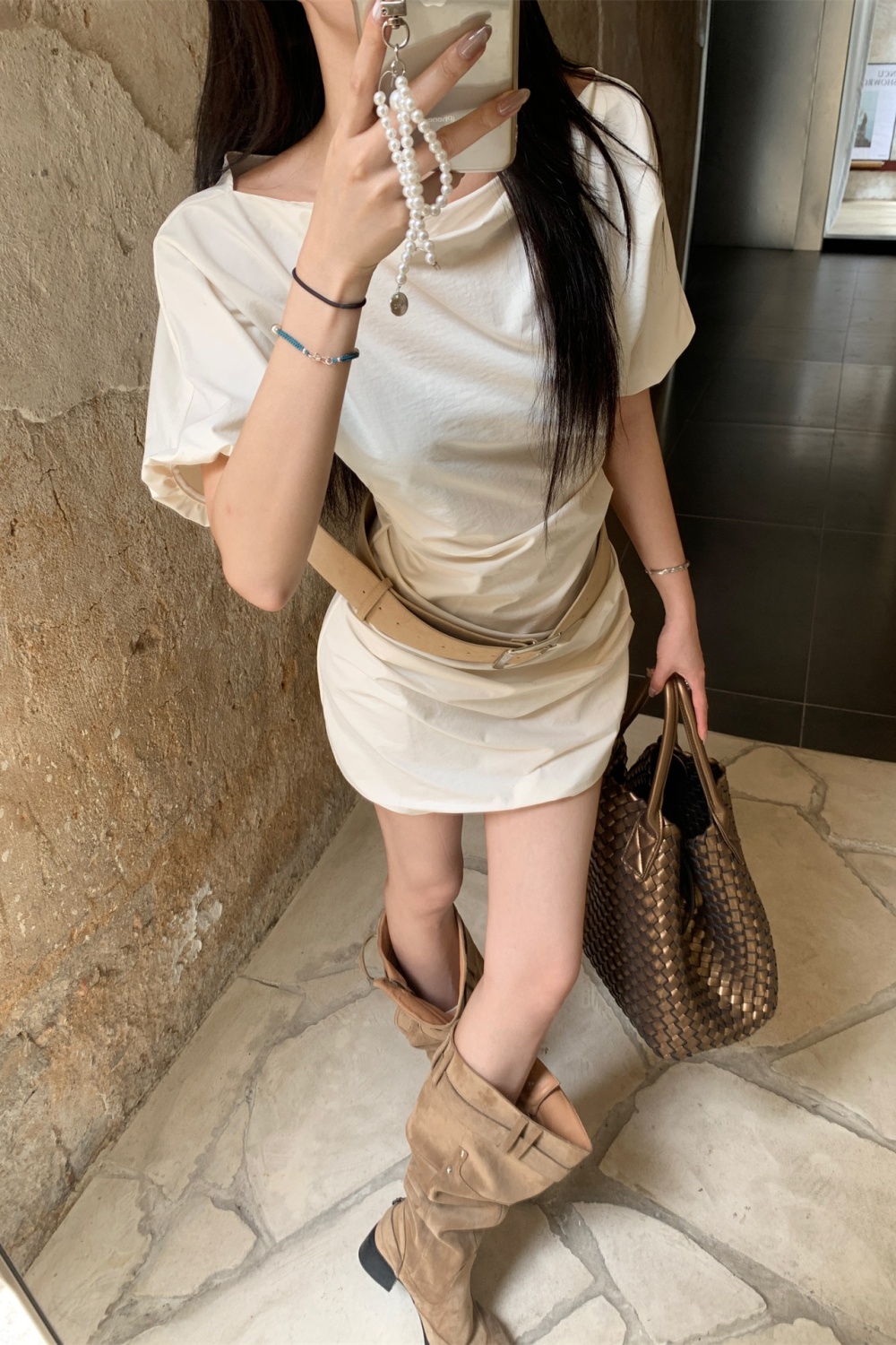 Sloping shoulder wear France style summer short dress