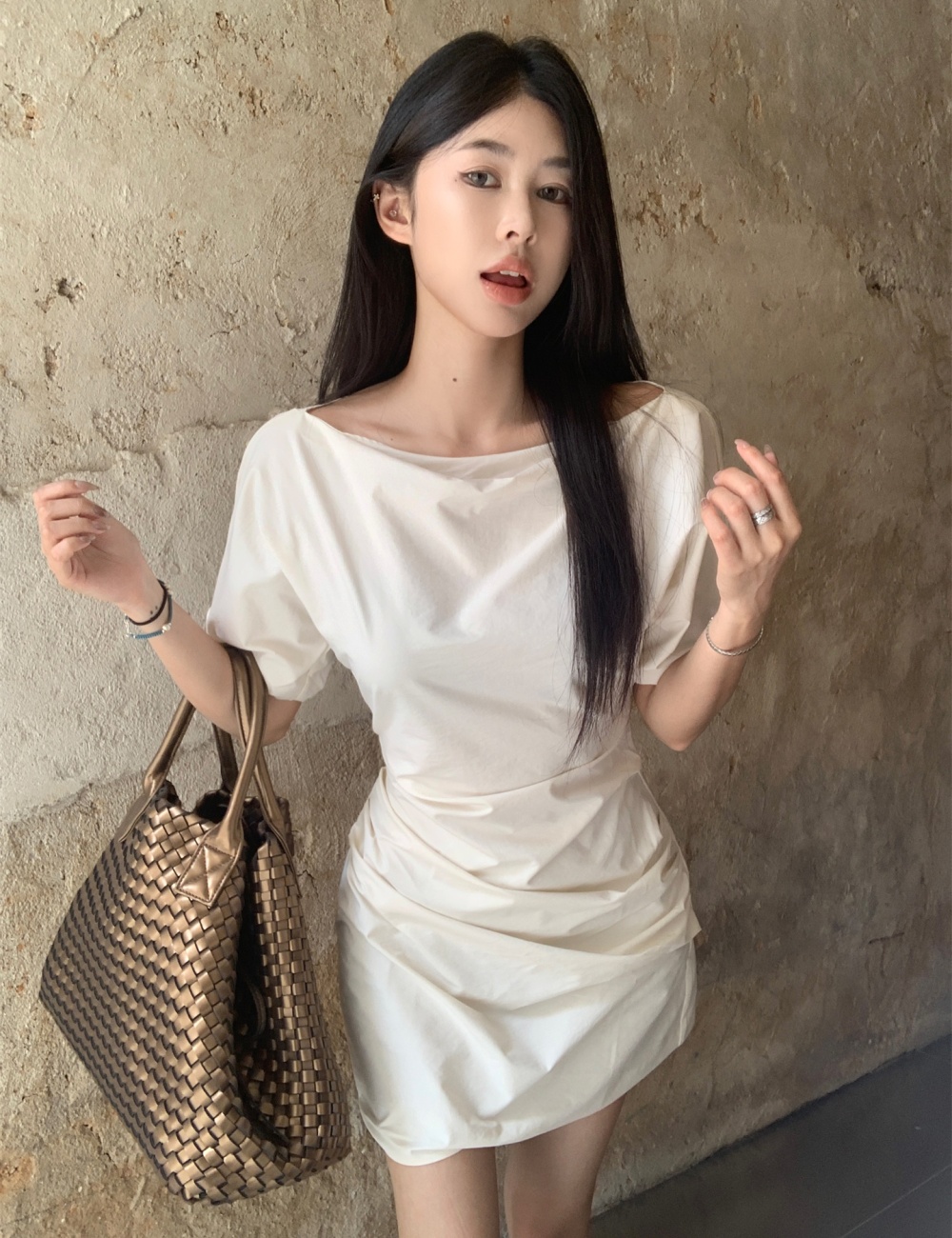 Sloping shoulder wear France style summer short dress