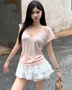 Lace thick and disorderly short skirt sling T-shirt for women