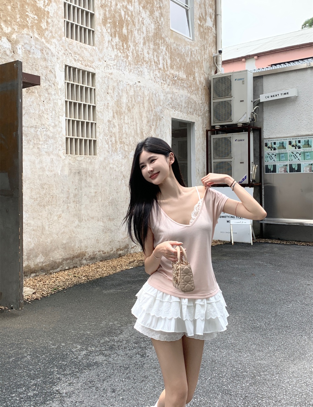 Lace thick and disorderly short skirt sling T-shirt for women