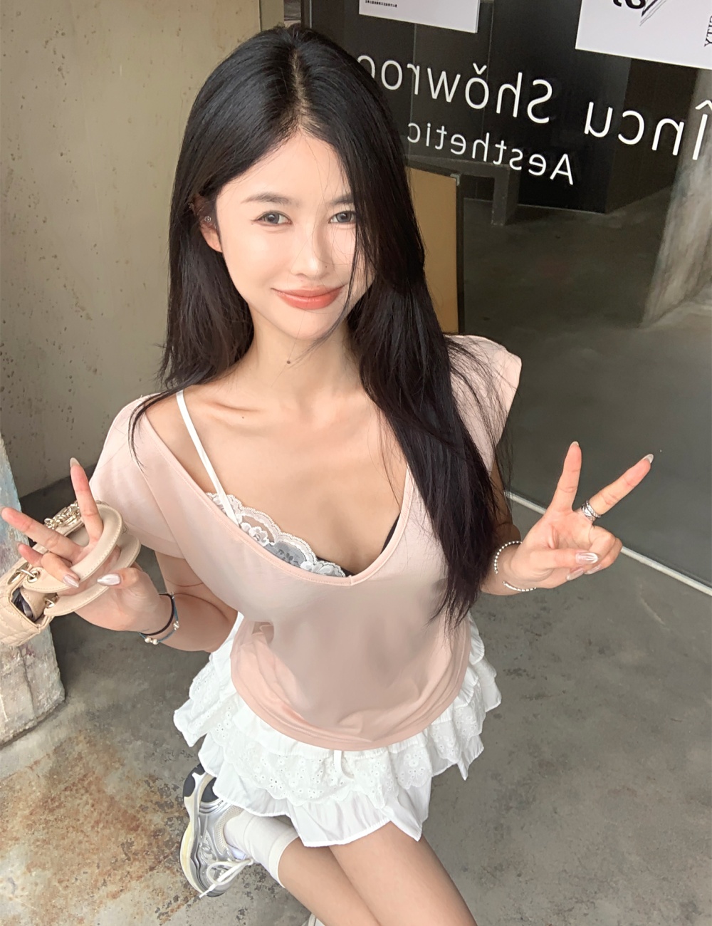 Lace thick and disorderly short skirt sling T-shirt for women