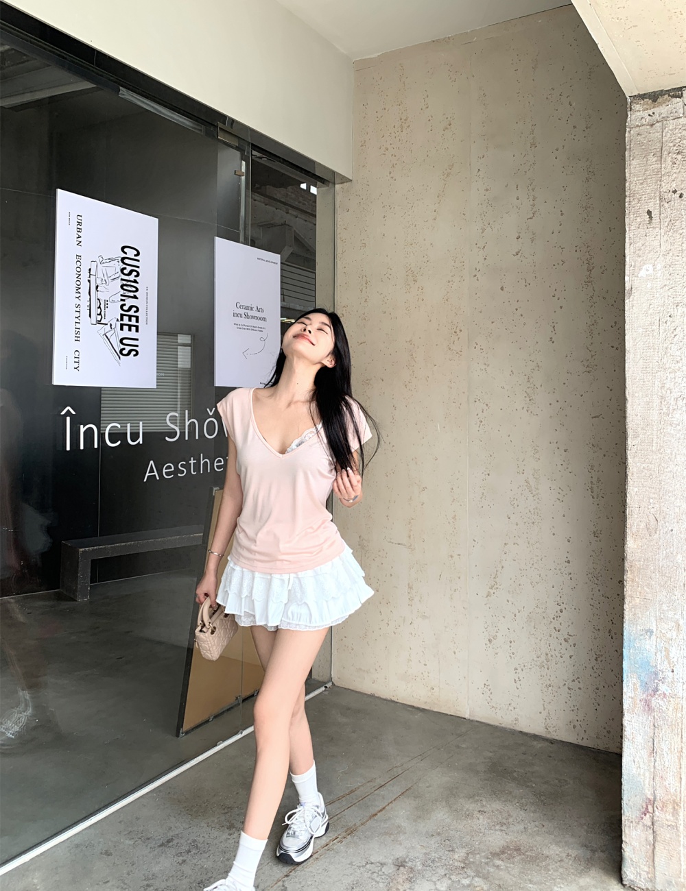 Lace thick and disorderly short skirt sling T-shirt for women