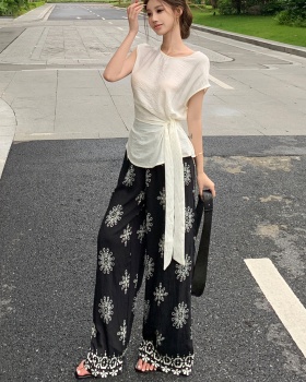 Printing small shirt Chinese style wide leg pants 2pcs set