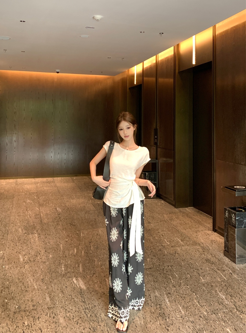 Printing small shirt Chinese style wide leg pants 2pcs set