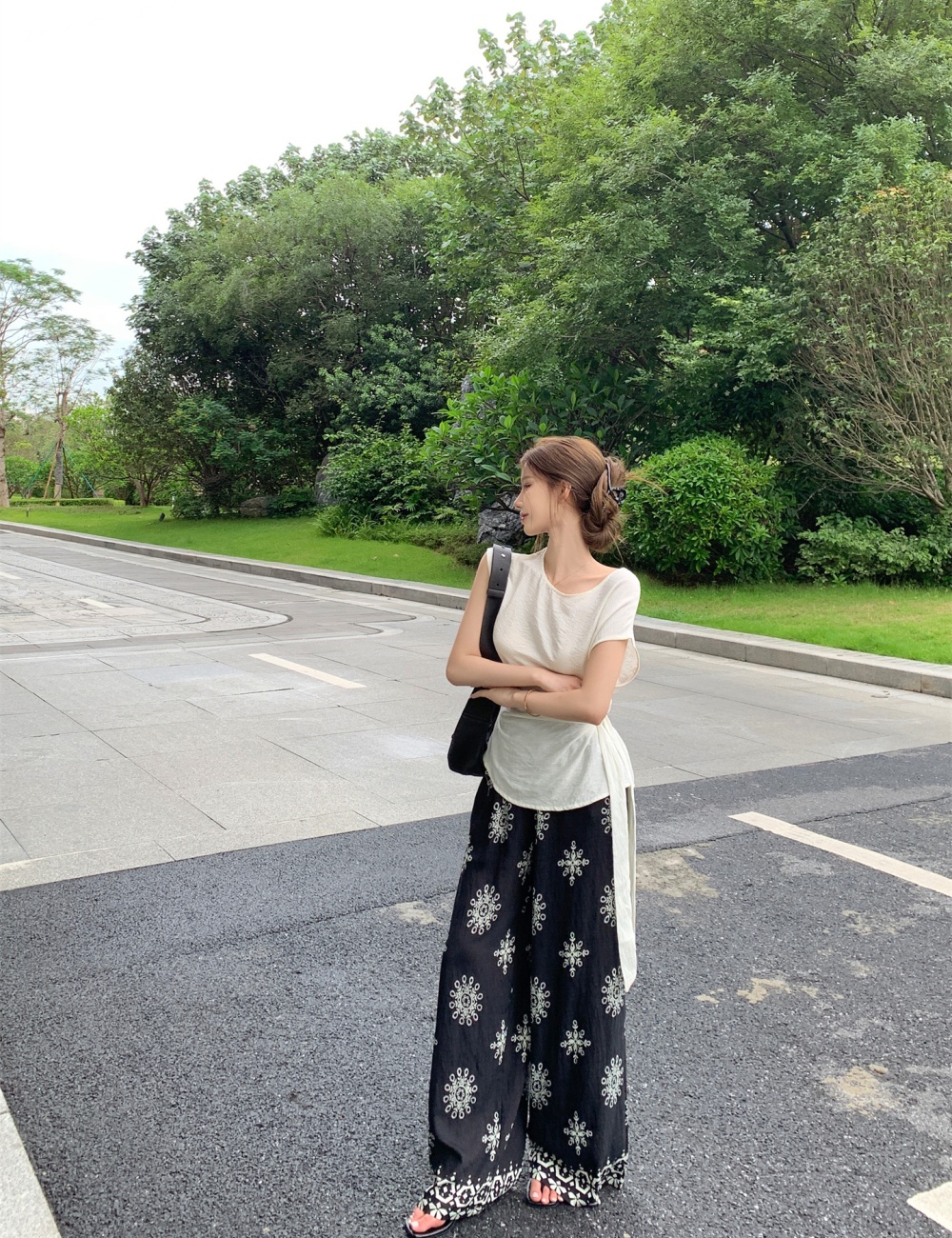 Printing small shirt Chinese style wide leg pants 2pcs set
