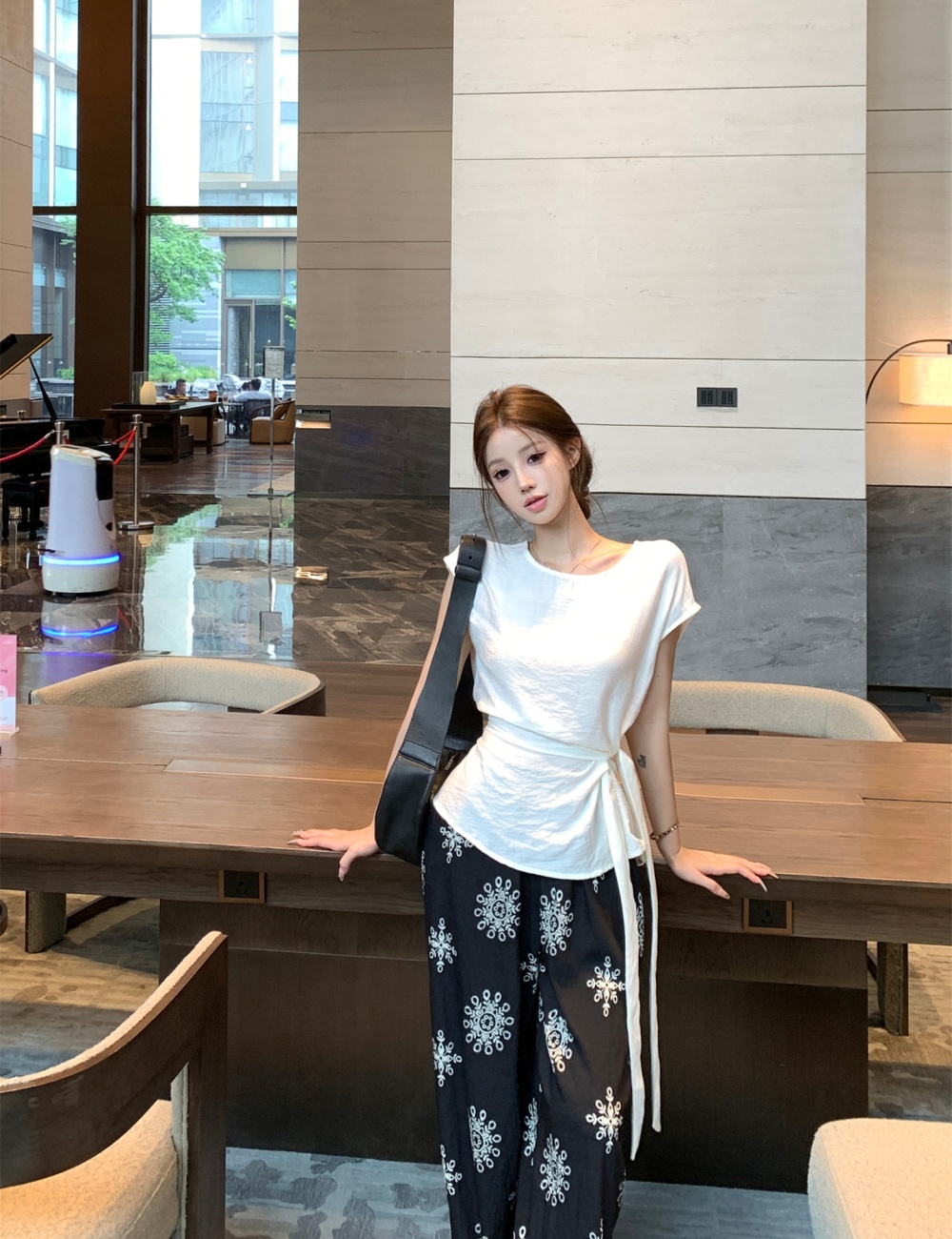 Printing small shirt Chinese style wide leg pants 2pcs set
