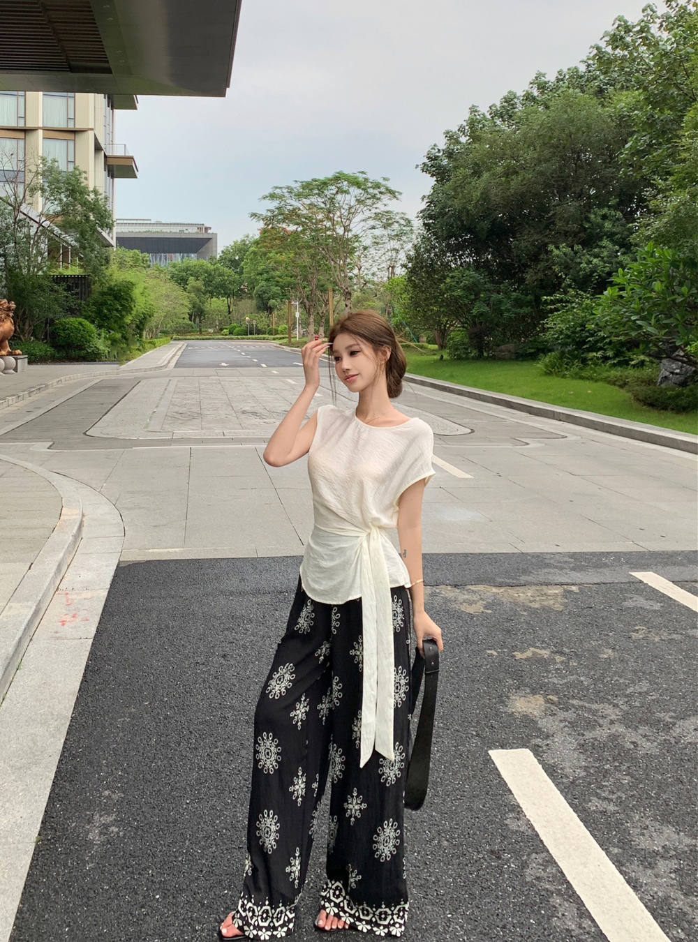 Printing small shirt Chinese style wide leg pants 2pcs set