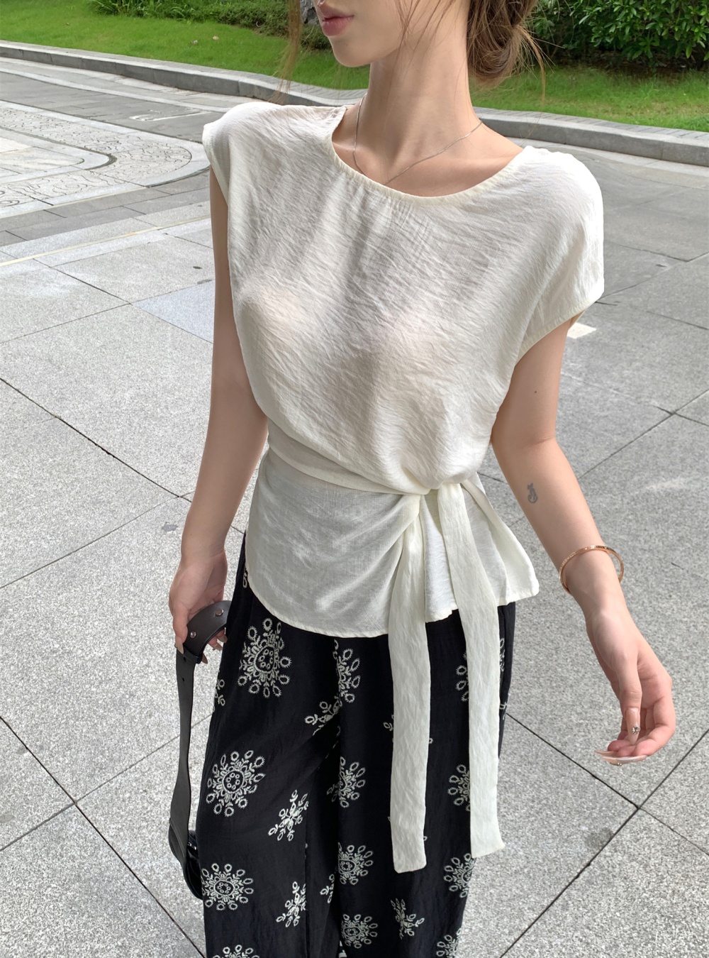 Printing small shirt Chinese style wide leg pants 2pcs set