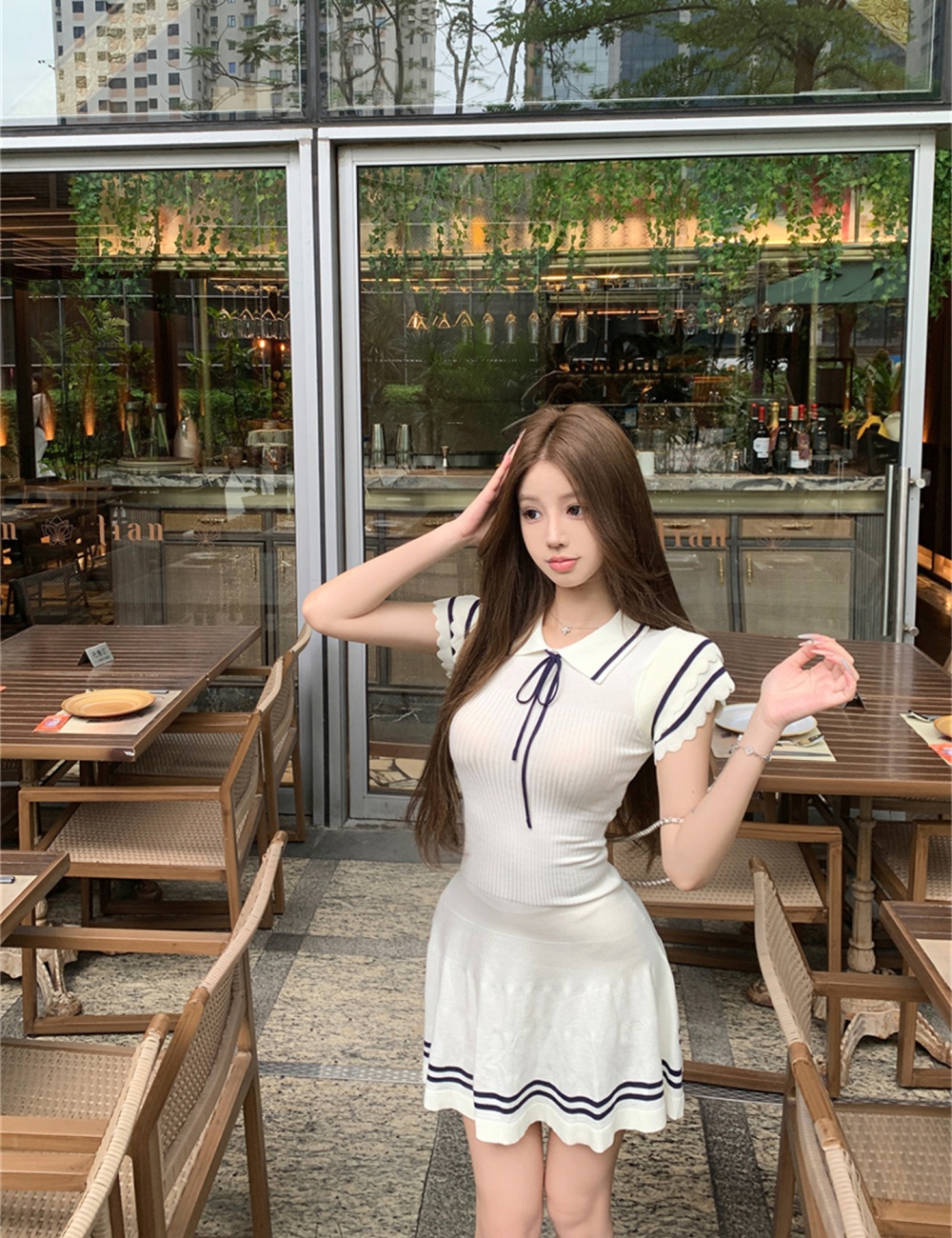 College frenum knitted navy style white dress for women