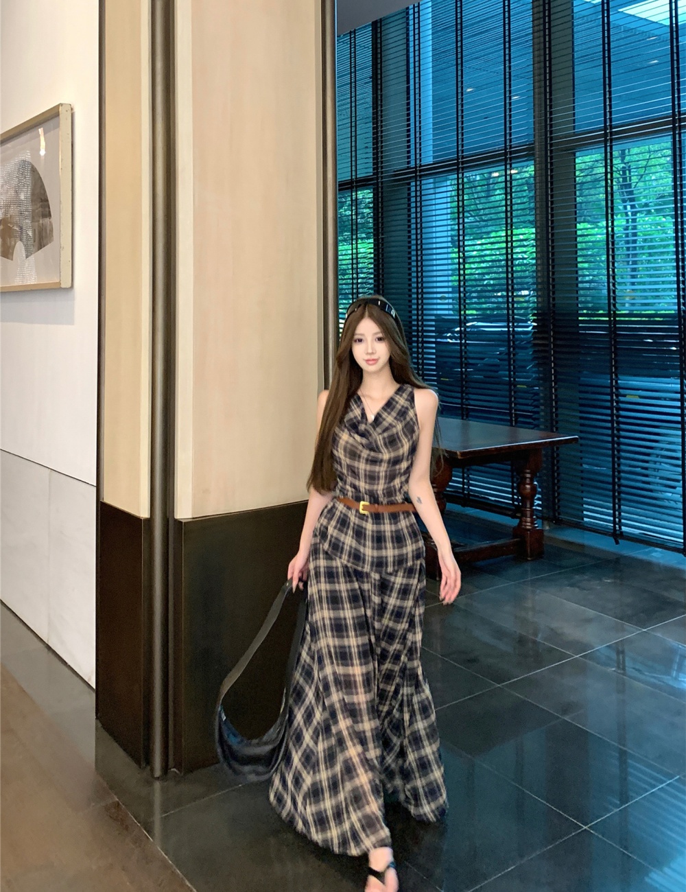 Plaid Korean style long skirt sleeveless tops a set