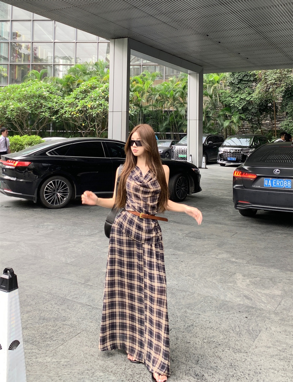 Plaid Korean style long skirt sleeveless tops a set