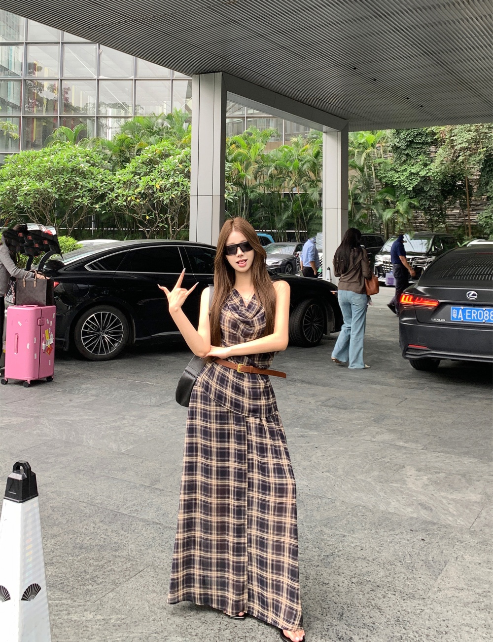 Plaid Korean style long skirt sleeveless tops a set