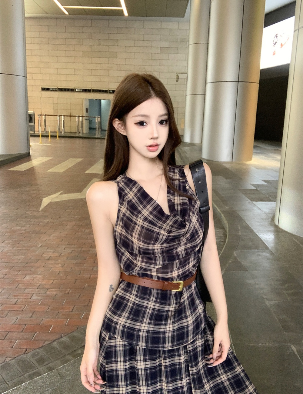 Plaid Korean style long skirt sleeveless tops a set
