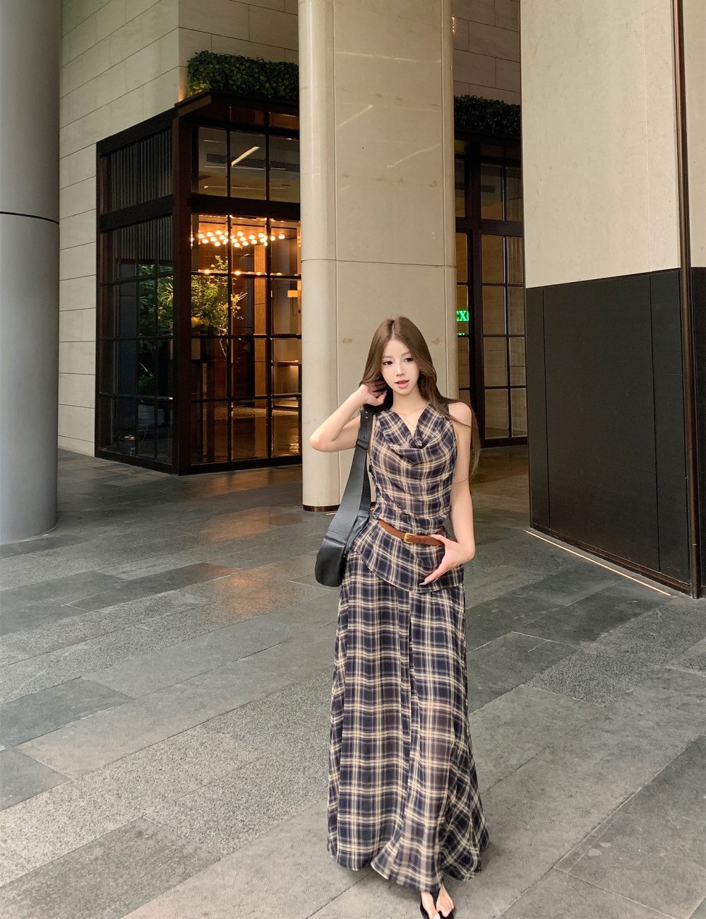 Plaid Korean style long skirt sleeveless tops a set
