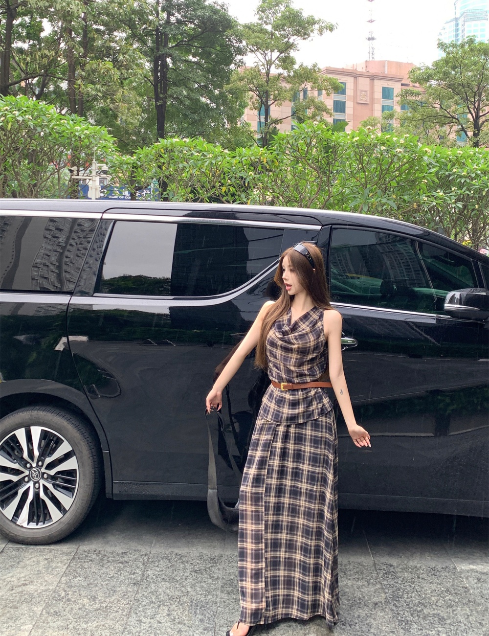 Plaid Korean style long skirt sleeveless tops a set