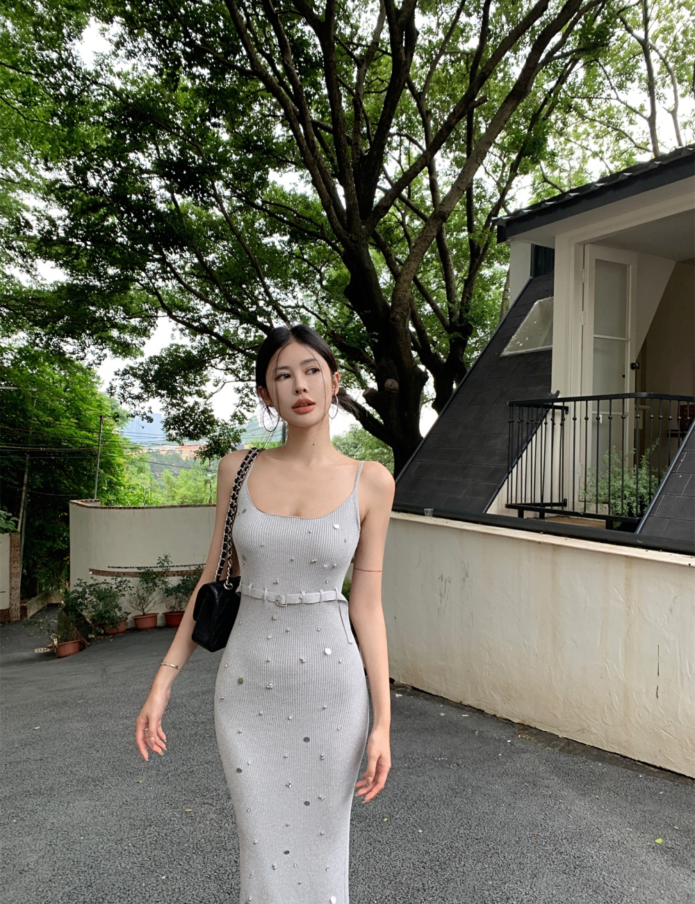 Pinched waist knitted curve dress doctrine slim strap dress