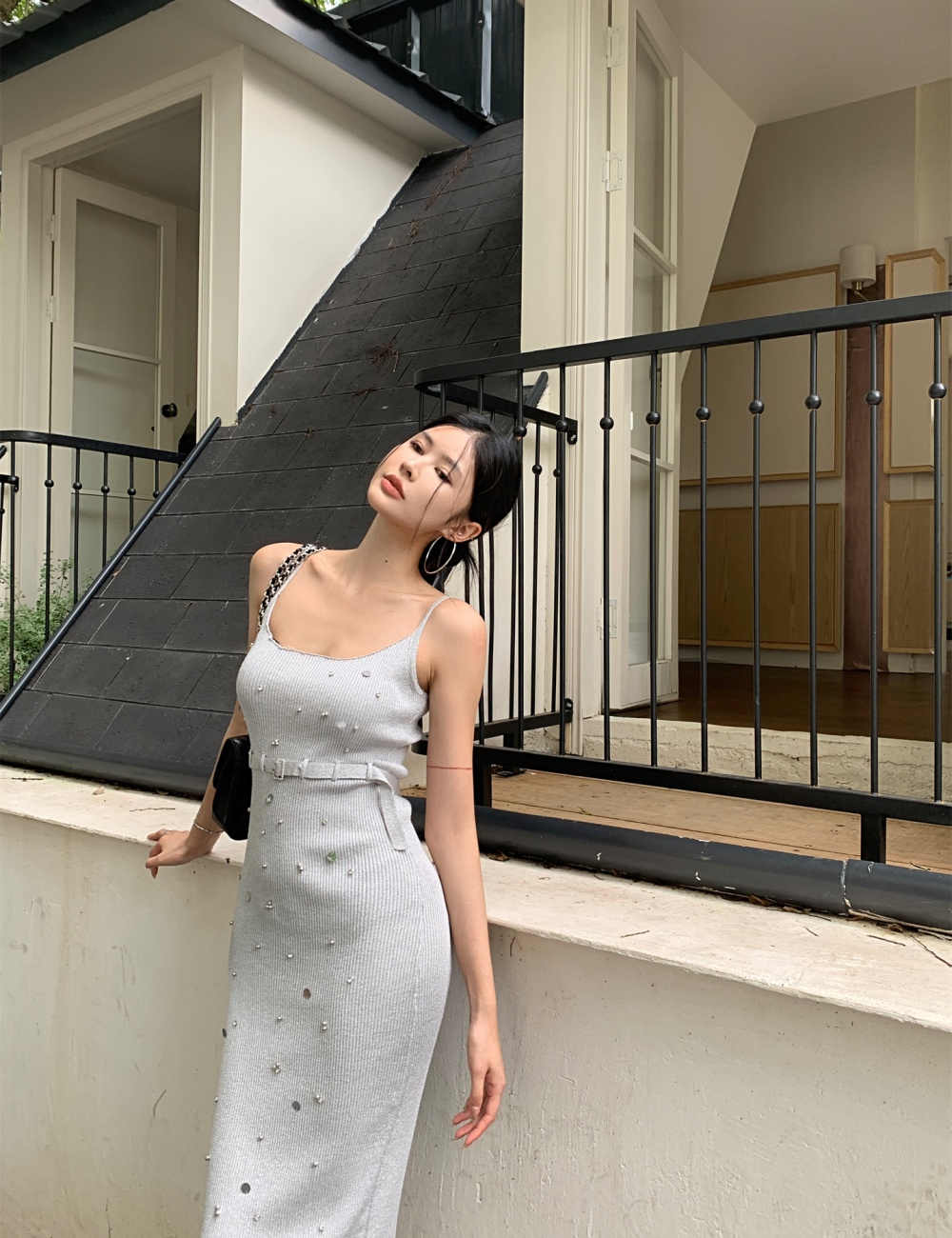 Pinched waist knitted curve dress doctrine slim strap dress