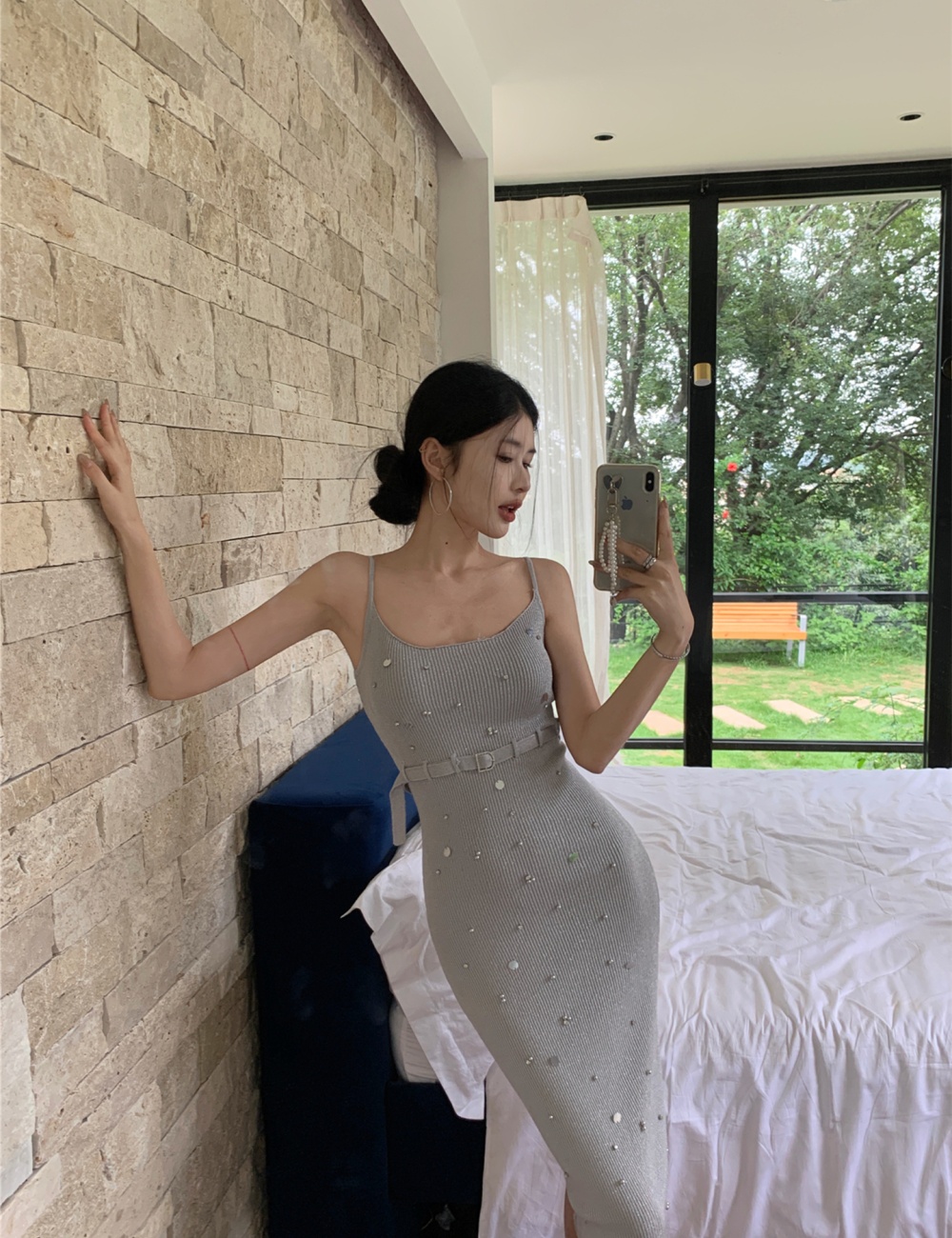 Pinched waist knitted curve dress doctrine slim strap dress
