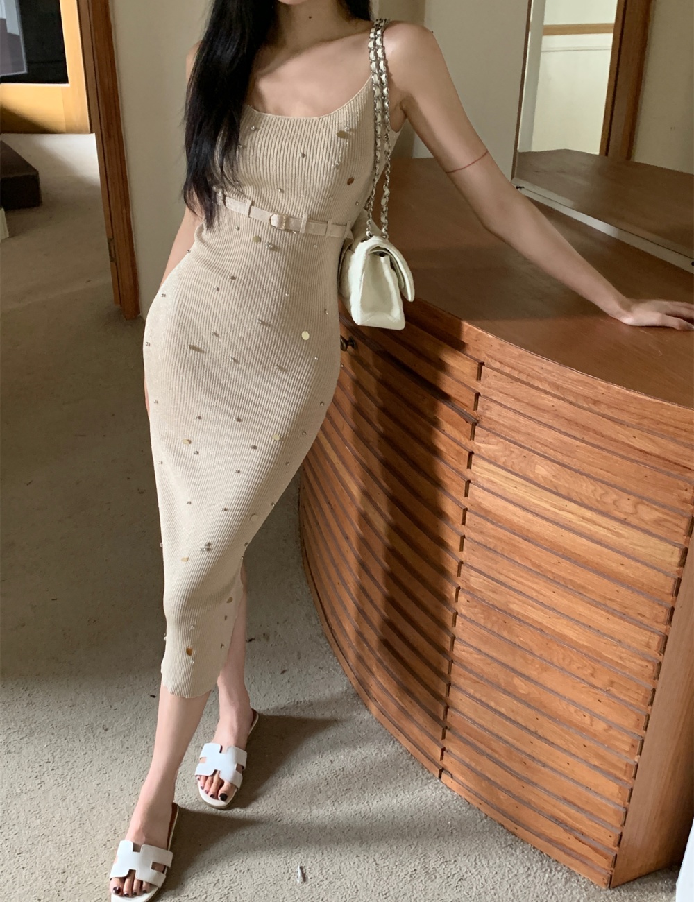 Pinched waist knitted curve dress doctrine slim strap dress