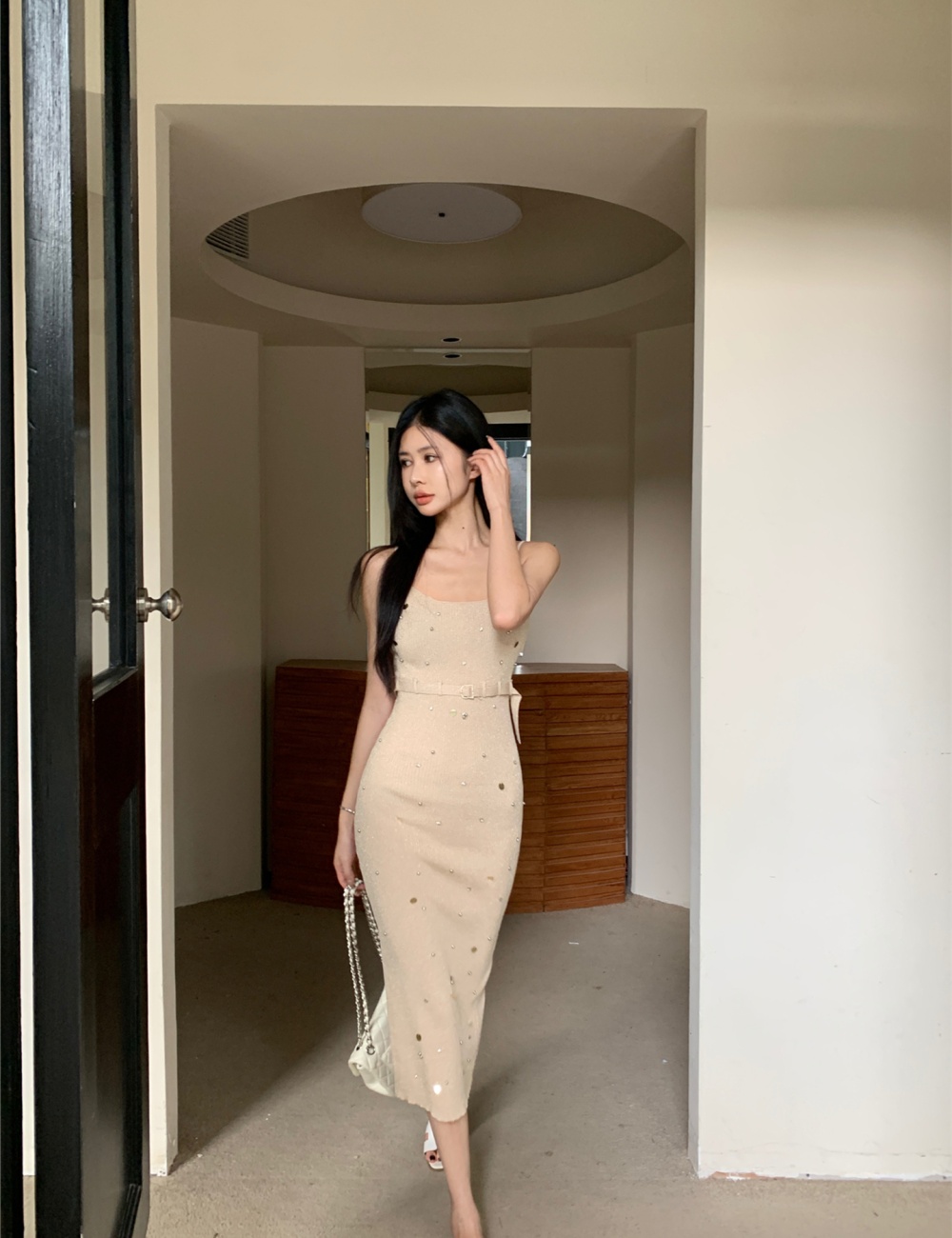 Pinched waist knitted curve dress doctrine slim strap dress
