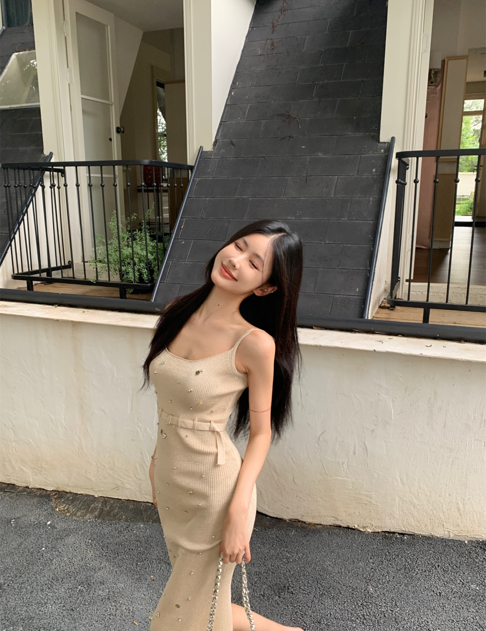 Pinched waist knitted curve dress doctrine slim strap dress
