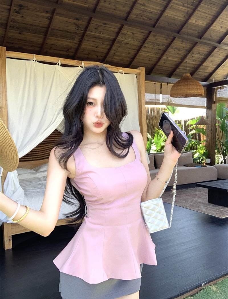 Pink short Korean style tops bandage halter vest