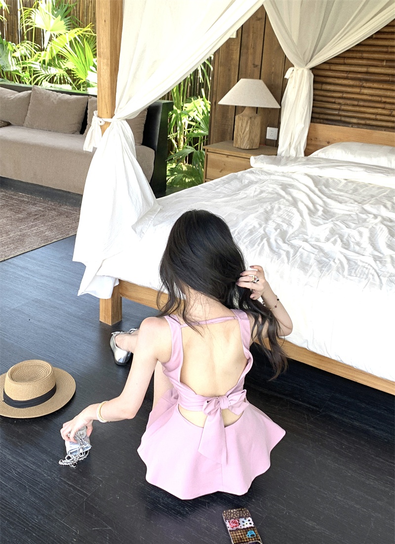 Pink short Korean style tops bandage halter vest
