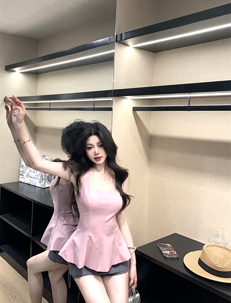 Pink short Korean style tops bandage halter vest