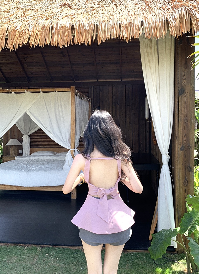 Pink short Korean style tops bandage halter vest