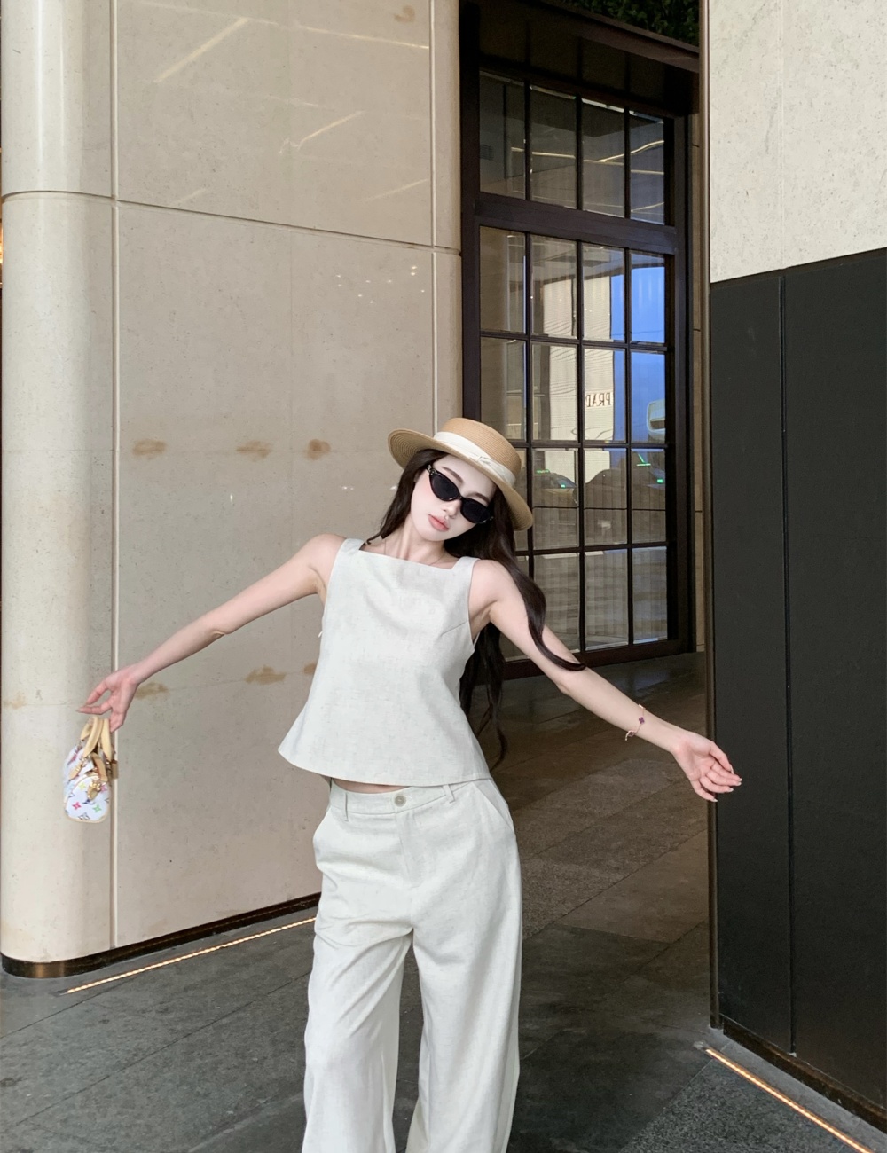Pinched waist sleeveless tops summer frenum shirt a set
