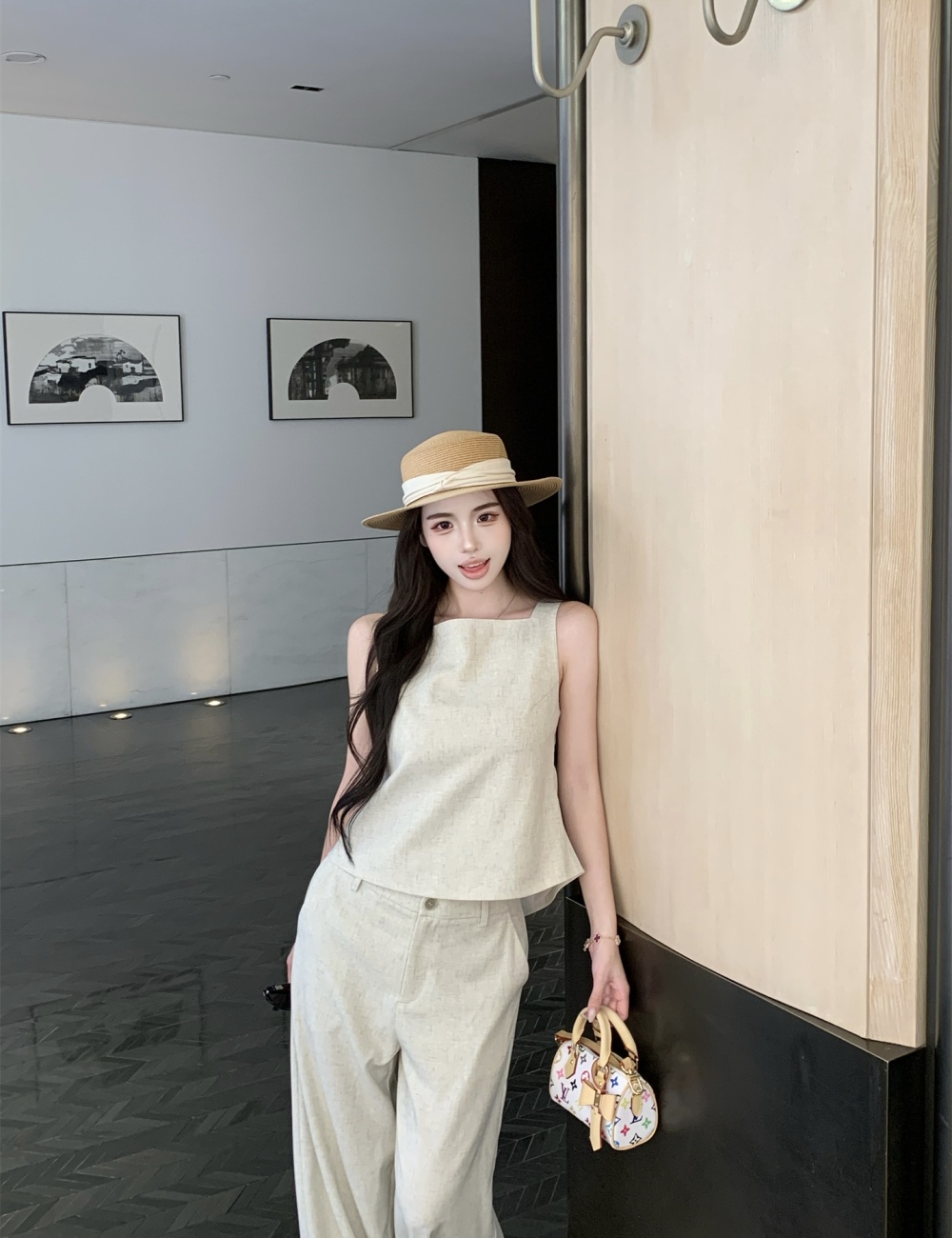 Pinched waist sleeveless tops summer frenum shirt a set