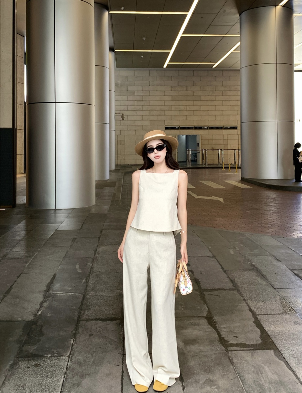 Pinched waist sleeveless tops summer frenum shirt a set