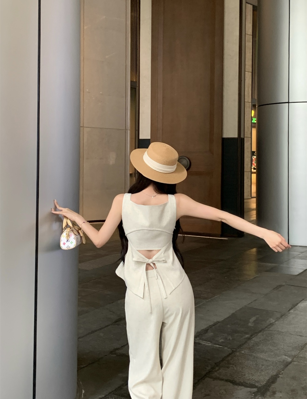 Pinched waist sleeveless tops summer frenum shirt a set
