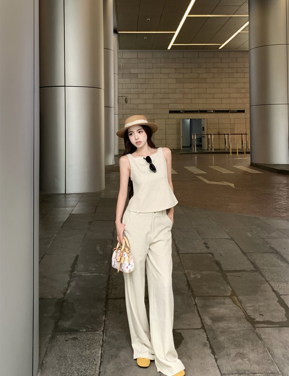 Pinched waist sleeveless tops summer frenum shirt a set